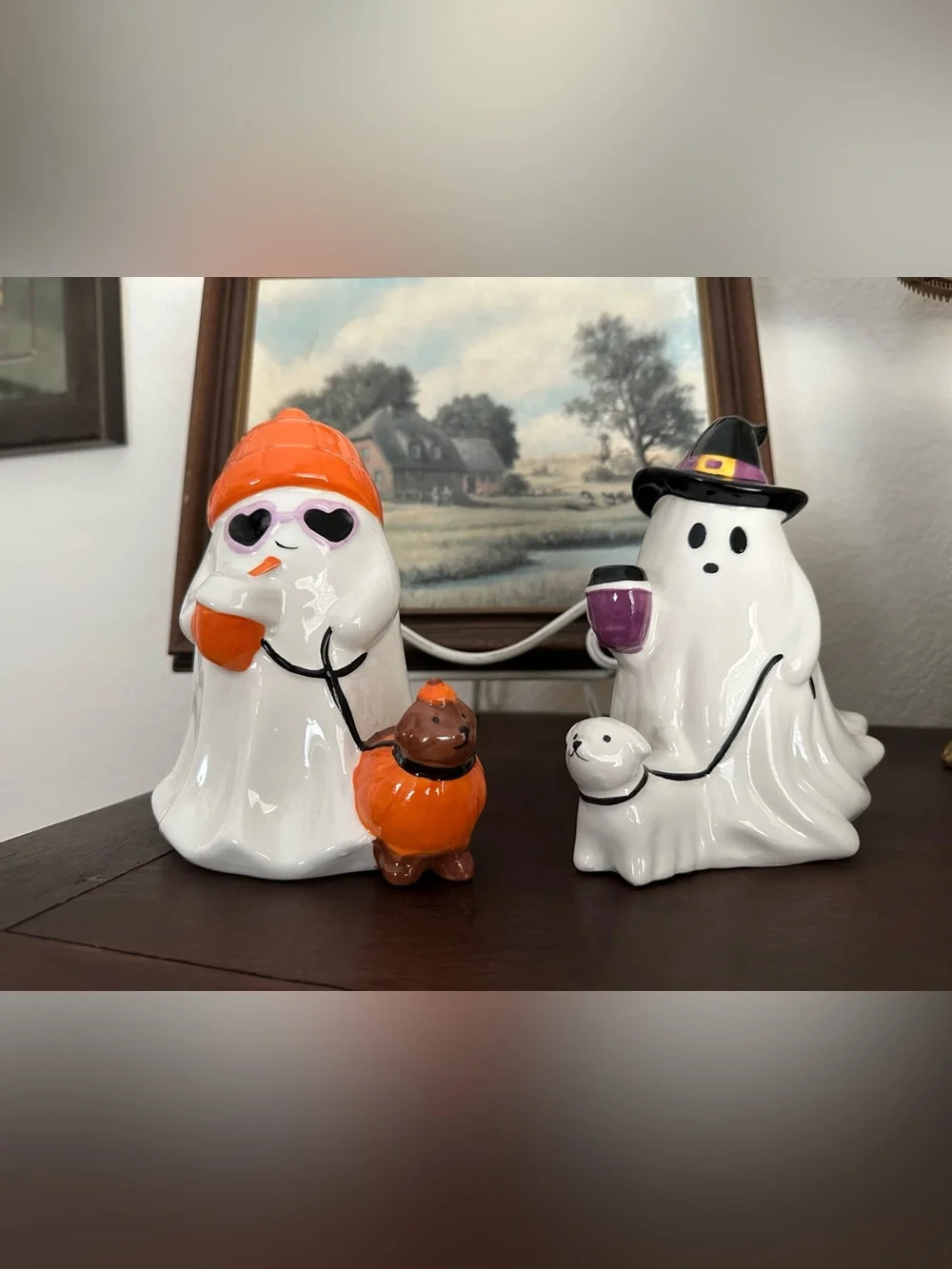 SET OF 2! Aldi Halloween Pastel Ceramic Ghost Pumpkin Dog & Witch Ghost Dog